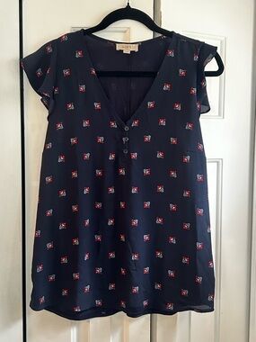 LOFT Navy Floral-Print V-Neck Flutter Sleeve Top